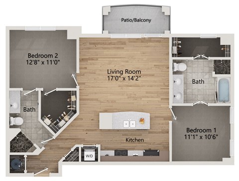 Floor plan for 2 beds, 2 baths, 1256 sqft